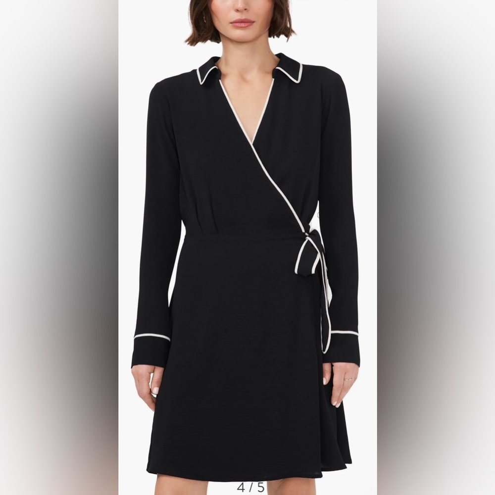Halogen Black & White Collar Long Sleeve Faux Wrap Dress Size XS (0-2) N…